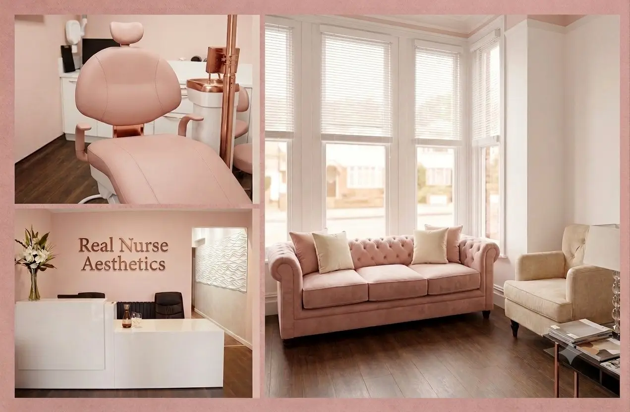 Real Nurse Aesthetics clinic interior — treatment room, reception and lounge in Hornchurch
